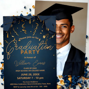 Elegant Blue and Gold Graduation Party with Photo Invitation