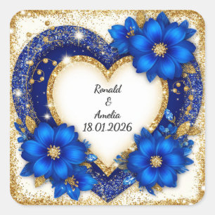 Elegant Blue and Gold Heart Frame Square Sticker