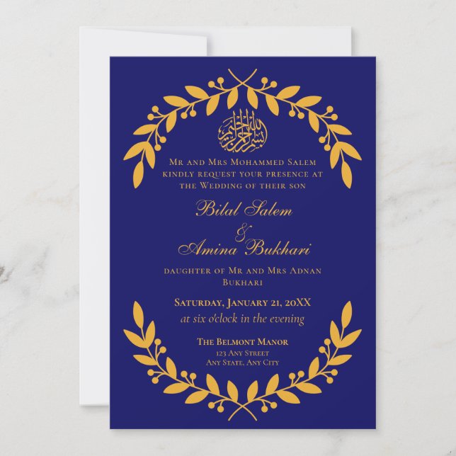 Elegant Blue and Gold Leaf Islamic Wedding Invitation (Front)