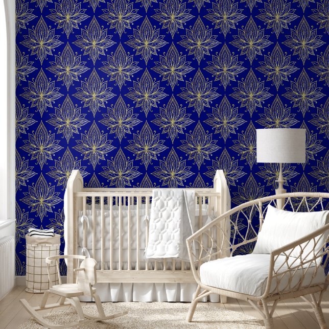 Elegant Blue and Gold Lotus Damask Wallpaper (Kids)