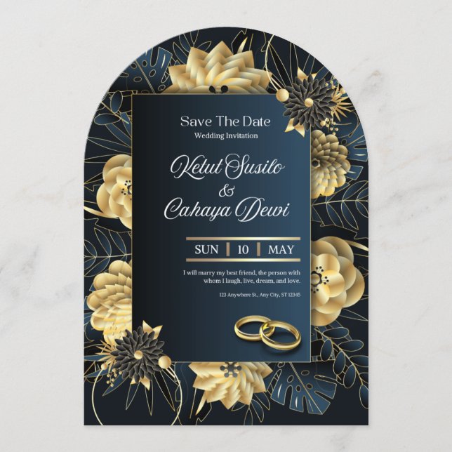 Elegant Blue and Gold Luxury Wedding Invitation (Front)