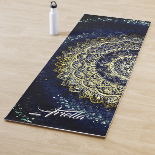Elegant Blue and Gold Mandala Abstract Art Yoga  Mat