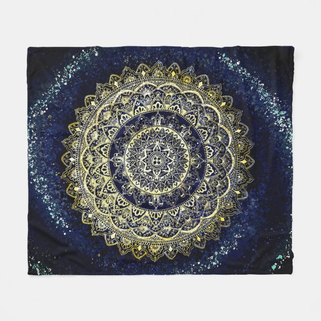Elegant Blue and Gold Mandala Art Boho Beach Fleece Blanket (Front (Horizontal))