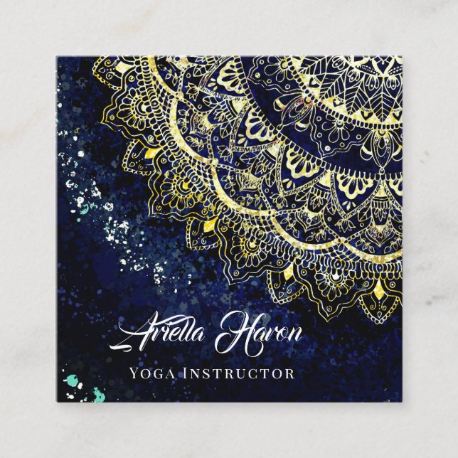 Elegant Blue and Gold Mandala Art Yoga Instructor Square Business Card (Front)