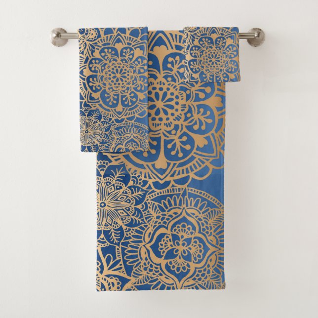 Elegant Blue and Gold Mandala Pattern Bath Towel Set (Insitu)