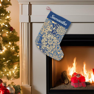 Elegant Blue and Gold Mandala Pattern Small Christmas Stocking