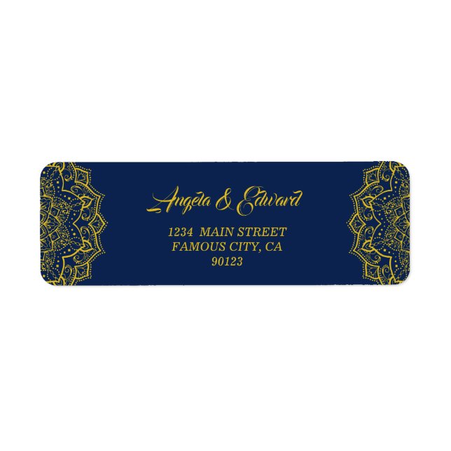 Elegant Blue And Gold Mandala Return Address Label (Front)