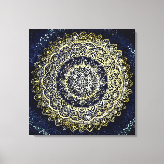 Elegant Blue and Gold Mandala Yoga Studio Painting Canvas Print (Front)
