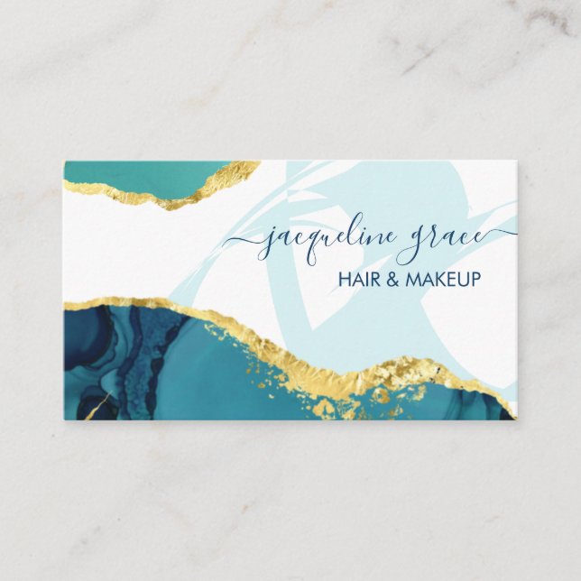 Elegant Blue and Gold Marble Agate Modern Chic Business Card (Front)