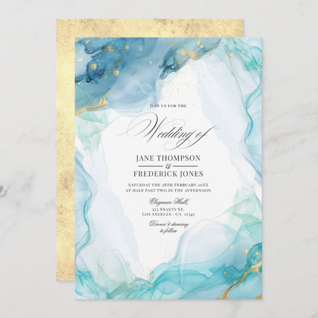 Elegant Blue and Gold Marble Ink Wedding Invitation (Front/Back)