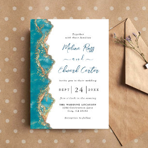 Elegant Blue And Gold Marble Wedding Invitation