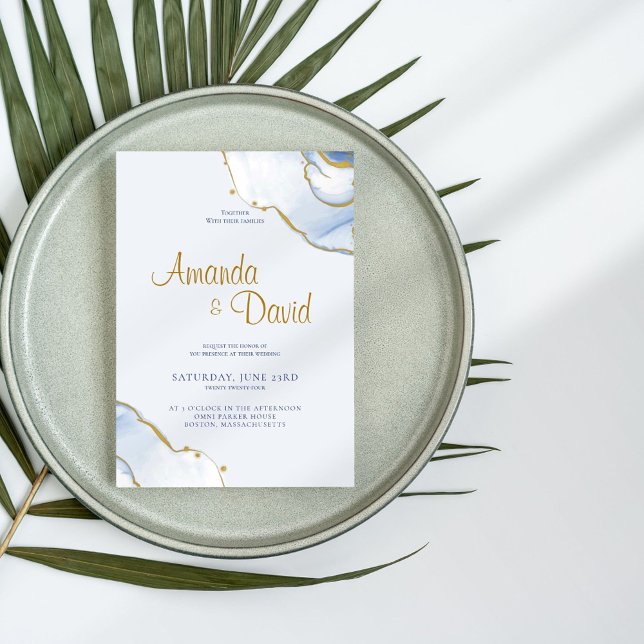 Elegant Blue and Gold Marble Wedding Invitation (Creator Uploaded)