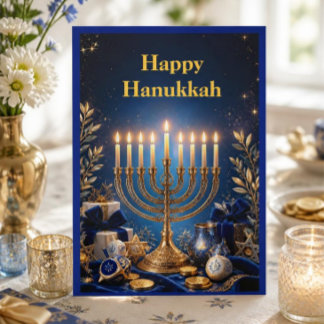 Elegant Blue and Gold Menorah Hanukkah Holiday Card