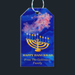 Elegant Blue And Gold Menorah Happy Hanukkah  Gift Tags<br><div class="desc">Elegant Blue And Gold Menorah Happy Hanukkah Gift Tags features blue liquid marble texture , pink watercolor flowers, family name template & Hanukkah candles.A perfect design for Hanukkah.Please click on personalise button to customise it with your own text.</div>