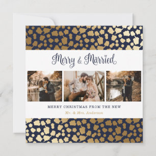Elegant Blue and Gold Merry and Married Christmas Holiday Card