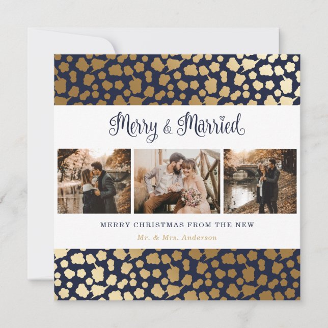 Elegant Blue and Gold Merry and Married Christmas Holiday Card (Front)