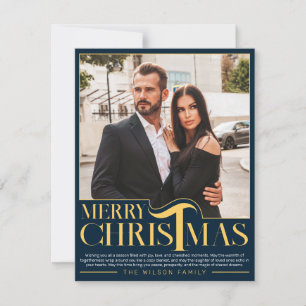 Elegant Blue and Gold Merry Christmas Family Photo Holiday Card