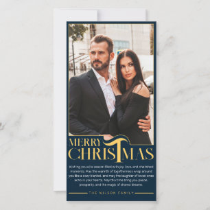 Elegant Blue and Gold Merry Christmas Family Photo Holiday Card