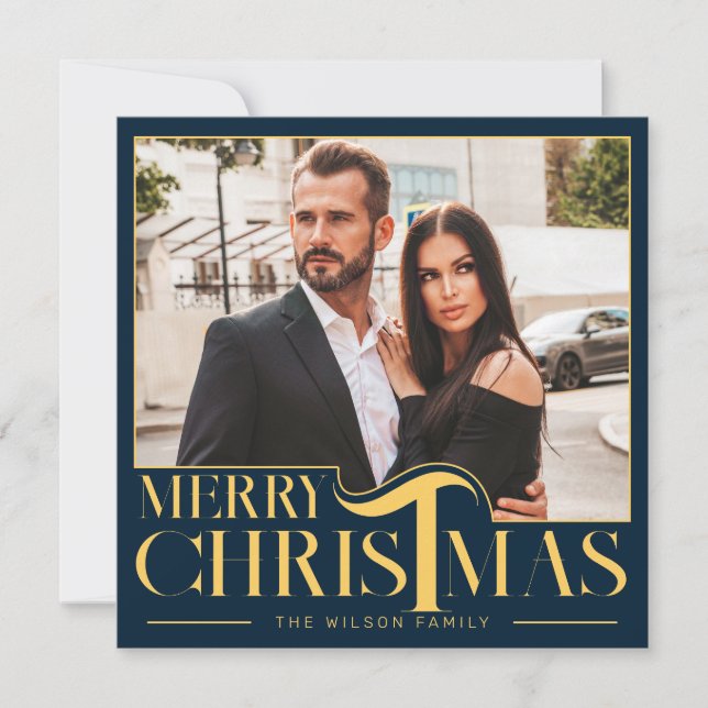 Elegant Blue and Gold Merry Christmas Family Photo Holiday Card (Front)