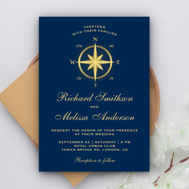 Elegant Blue and Gold Nautical Compass Wedding Invitation (Creator Uploaded)