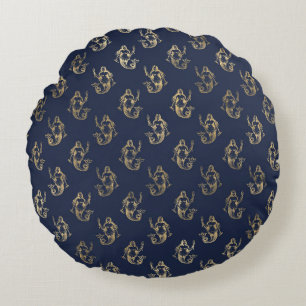 Elegant Blue and Gold Nautical & Vintage Patterns Round Cushion