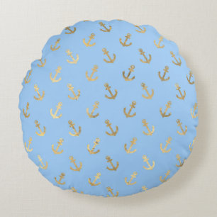 Elegant Blue and Gold Nautical & Vintage Patterns Round Cushion