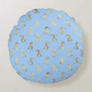 Elegant Blue and Gold Nautical & Vintage Patterns Round Cushion