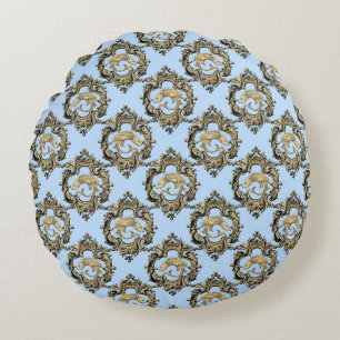 Elegant Blue and Gold Nautical & Vintage Patterns Round Cushion