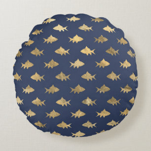 Elegant Blue and Gold Nautical & Vintage Patterns Round Cushion