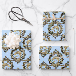 Elegant Blue and Gold Nautical & Vintage Patterns Wrapping Paper Sheet