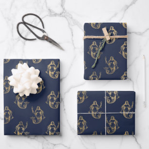Elegant Blue and Gold Nautical & Vintage Patterns Wrapping Paper Sheet