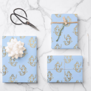 Elegant Blue and Gold Nautical & Vintage Patterns Wrapping Paper Sheet