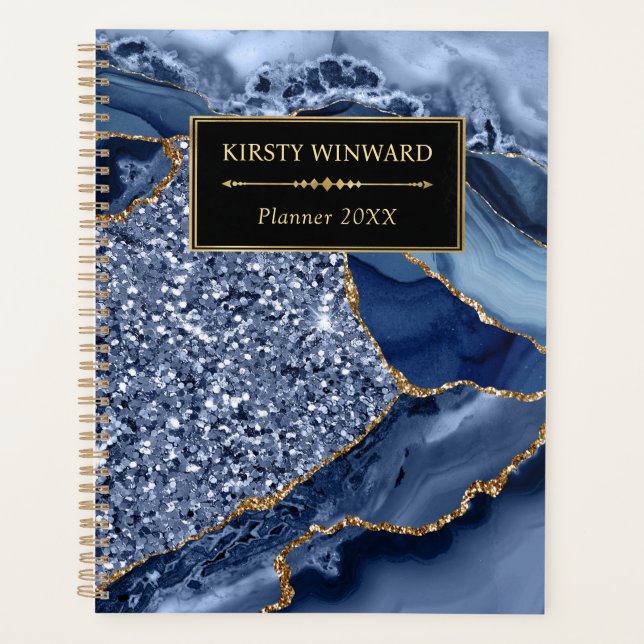 Elegant Blue and Gold Ocean Glitter Agate Planner (Front)
