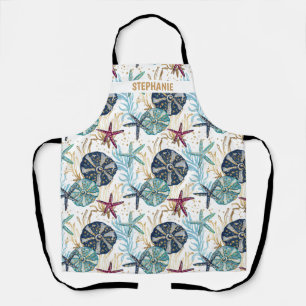 Elegant Blue and Gold Ocean Treasures Pattern Apron