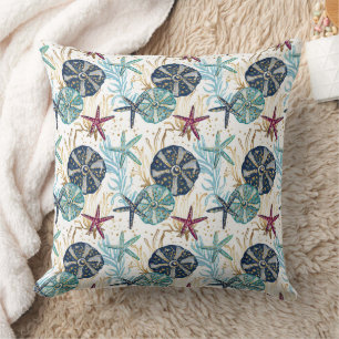 Elegant Blue and Gold Ocean Treasures Pattern Cushion