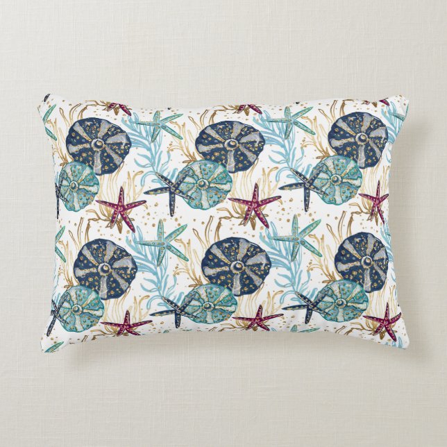 Elegant Blue and Gold Ocean Treasures Pattern Decorative Cushion (Front)