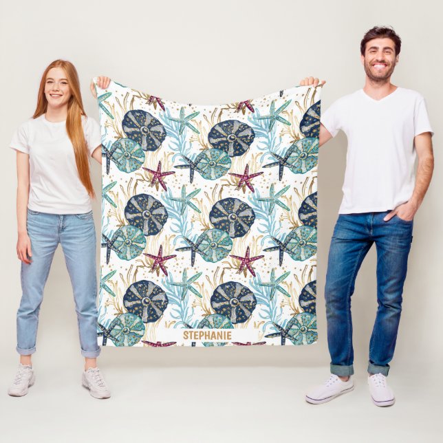 Elegant Blue and Gold Ocean Treasures Pattern Fleece Blanket (In Situ)