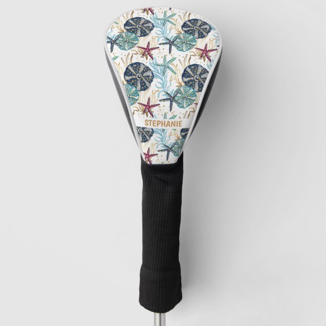 Elegant Blue and Gold Ocean Treasures Pattern Golf Head Cover (Front)