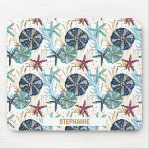 Elegant Blue and Gold Ocean Treasures Pattern Mouse Mat