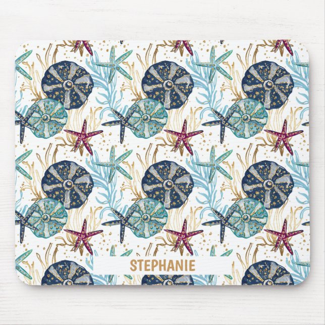 Elegant Blue and Gold Ocean Treasures Pattern Mouse Mat (Front)