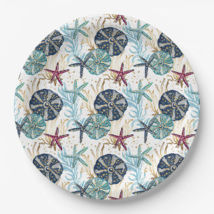 Elegant Blue and Gold Ocean Treasures Pattern Paper Plate