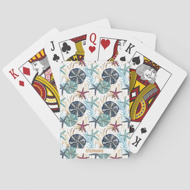 Elegant Blue and Gold Ocean Treasures Pattern Playing Cards (Back)