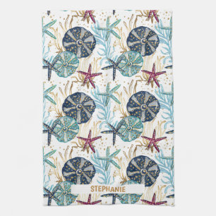 Elegant Blue and Gold Ocean Treasures Pattern Tea Towel