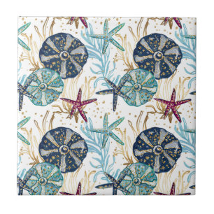 Elegant Blue and Gold Ocean Treasures Pattern Tile