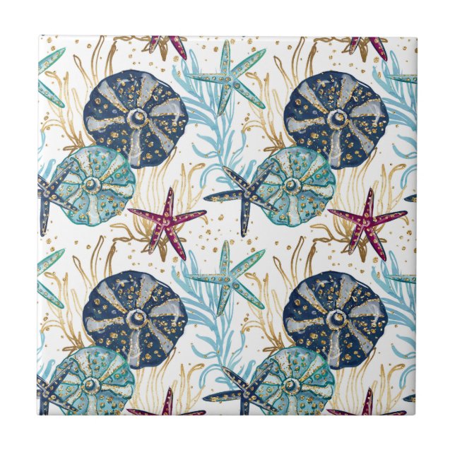 Elegant Blue and Gold Ocean Treasures Pattern Tile (Front)