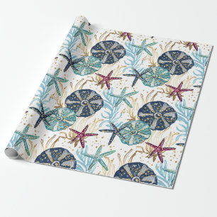 Elegant Blue and Gold Ocean Treasures Pattern Wrapping Paper