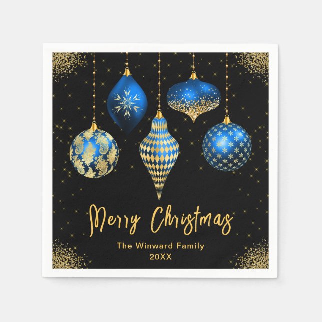 Elegant Blue and Gold Ornament Christmas Napkin (Front)