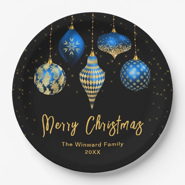 Elegant Blue and Gold Ornament Christmas Paper Plate (Front)