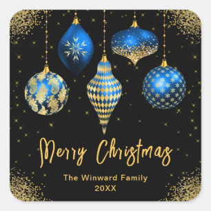 Elegant Blue and Gold Ornament Christmas Square Sticker