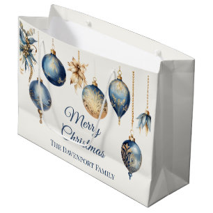 Elegant Blue and Gold Ornaments Custom Christmas Large Gift Bag